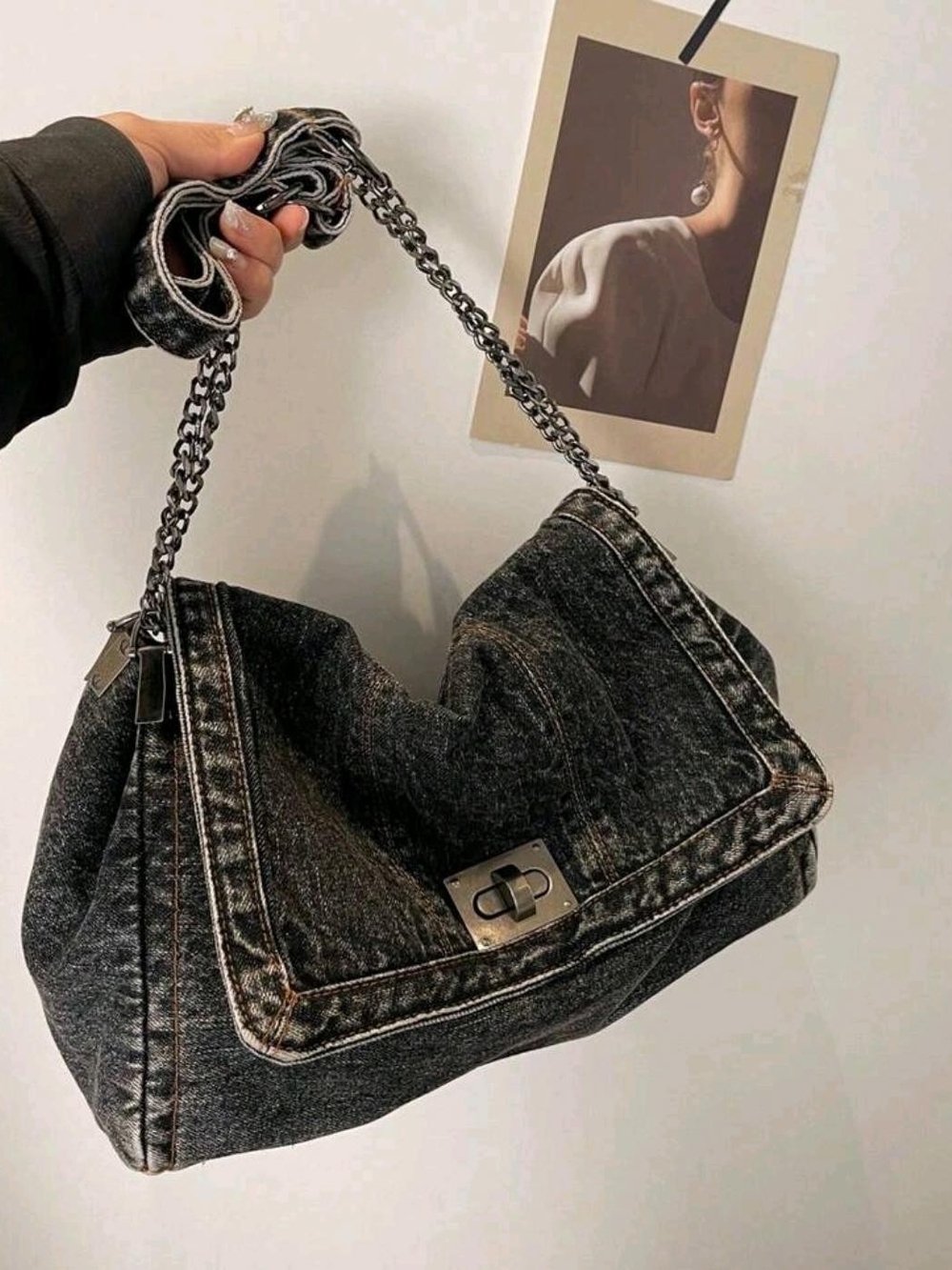 Washed Black Denim Shoulder Bag with Chain Strap